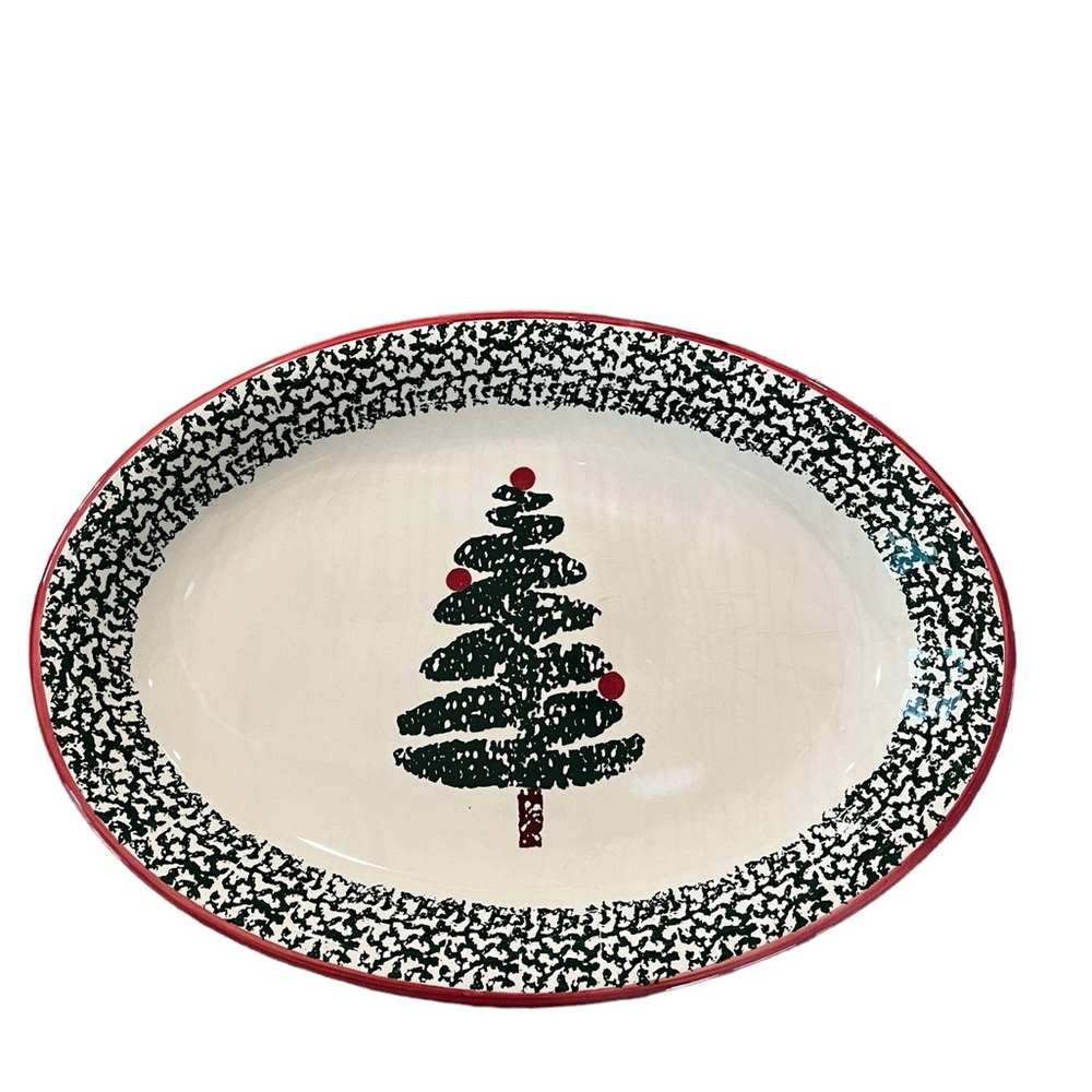 Furio Christmas Tree Sponge Paint Oval Serving Platter Made In Italy. 16” x 11.5